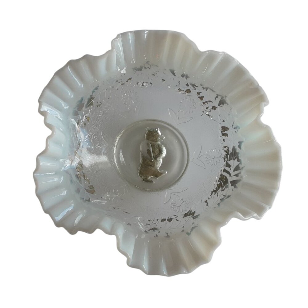 Antique Jefferson Ruffle Glass Opalescent Jolly Bear Goofus Crimp Bowl Candydish